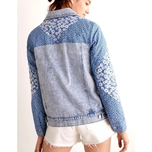 Anthropologie Avec Les Filles Patchwork Selvedge Denim Jacket Floral Chore Jean - Picture 2 of 15